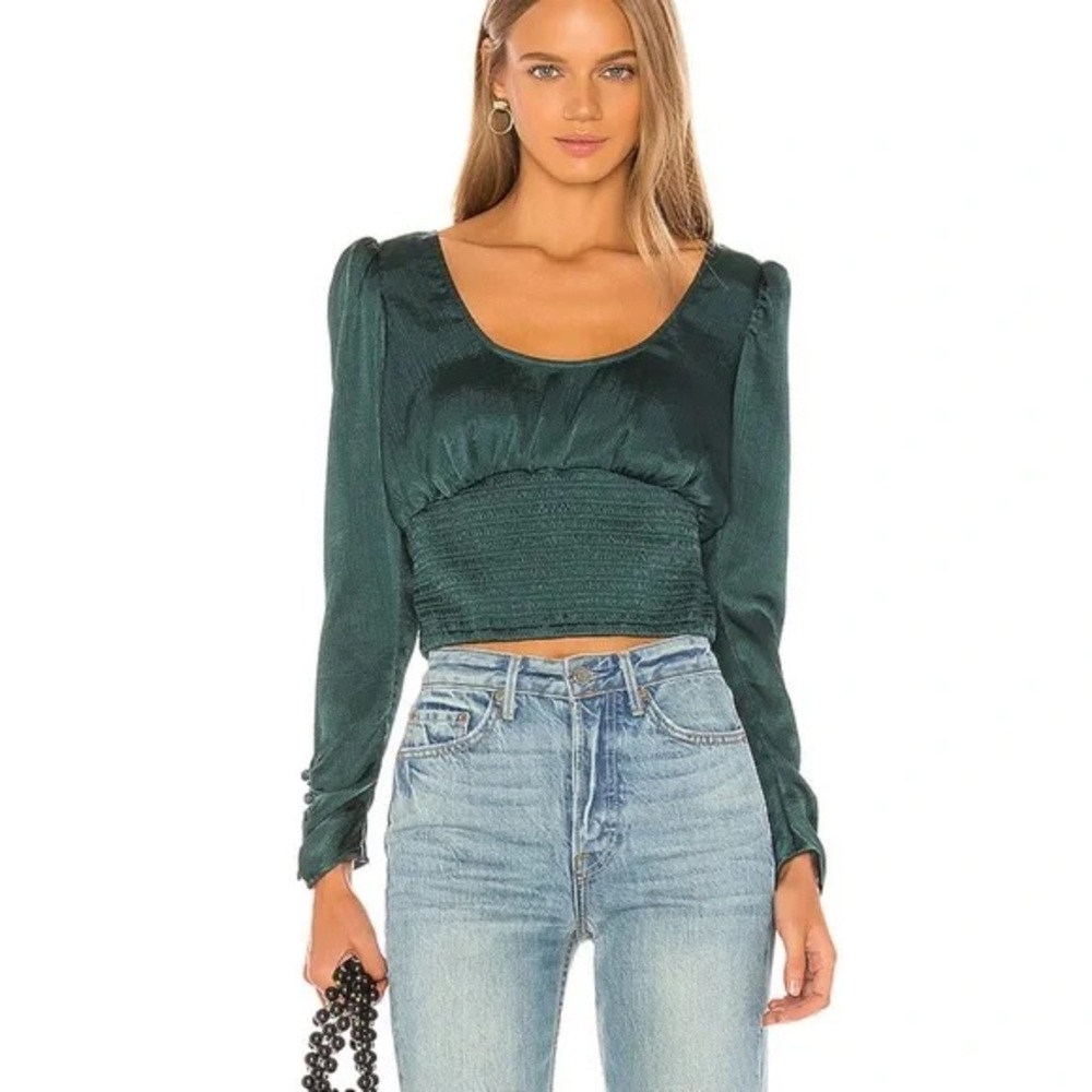 Free People Santiago Blouse Green Long Sleeve Smocked Crop Top Size XS
